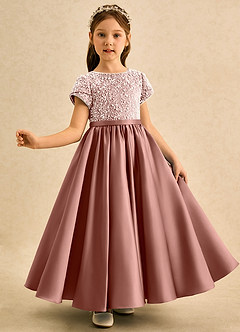 Azazie Cashew Robe Demoiselle D'honneur Fillette Robe Princesse en Mat Satiné avec manches Rose De Cèdre image4