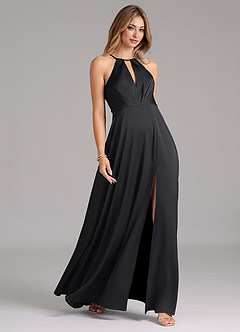 Azazie Evalleen Vestidos de damas de honor Vestido de Negro de Satén Elástico de Corte en A con Plisado image5