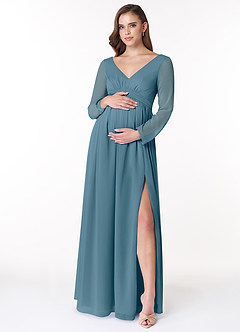 Azazie Teton Zwangerschaps Bruidsmeisjekleding A-Lijn Lange mouw Chiffon Vloerlengte Jurk image1