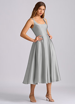 Azazie Amalie 신부 들러리 드레스 A라인 주름진 스트레치 새틴 티 길이 드레스 image4