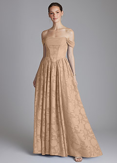 Azazie Raisa Bridesmaid Dresses Champagne A-Line Off the Shoulder Floral Burnout Dress image1
