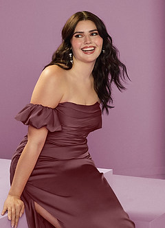 Barbie ♥ Azazie Bridesmaid Dresses Sangria Sheath Off the Shoulder Stretch Satin Convertible Dress image16