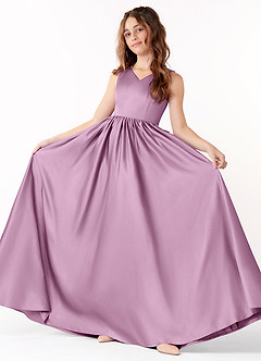 Azazie Hathaway Junior Robe Trapèze en Satin extensible Arc Glycine image2