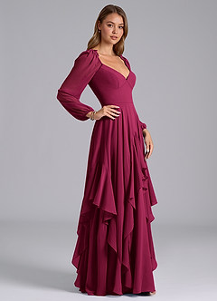 Azazie Karan Abiti da Damigella Abito A-Line in Chiffon Maniche Lunghe Borgogna image5