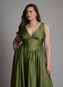 Azazie Delmie Vestidos de damas de honor Vestido Oliva de Satén Elástico de Línea A con Corsé image12