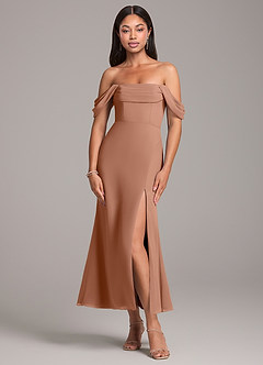Azazie Saige Bridesmaid Dresses Bronzer Sheath Off the Shoulder Chiffon Convertible Dress image1