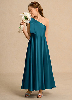 Azazie Guppy Girls Formal Abiti da Ragazza di Fiori Abito A-Line in Raso Opaco Monospalla Blu Inchiostro image4