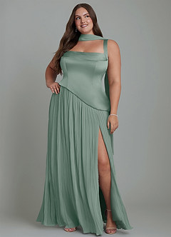 Azazie Stephanie Vestidos de damas de honor Vestido Salvia Plateada de Satén Elástico de Línea A con Plisado image9