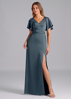 Azazie Ambrosia Robes de demoiselle d'honneur Robe Trapèze en Satin extensible Plissée Violet Crépusculaire image1