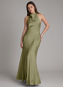 Azazie Sahara Final Sale Agave A-Line Pleated Stretch Satin Dress image1