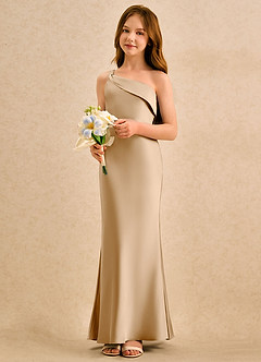 Azazie Almond Girls Formal Flower Girl Dresses Gold Sheath One Shoulder Stretch Satin Dress image3