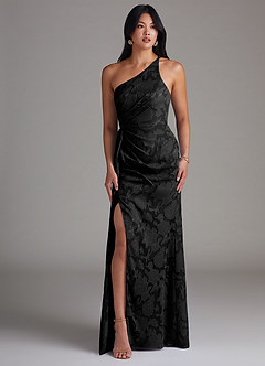 Azazie Mika Bridesmaid Dresses Black Sheath One Shoulder Floral Burnout Dress image3