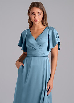 Azazie Ambrosia Jurken voor bruidsmeisjes Jurk van Stretch Satijn met A-Lijn Geplooid Staal Blauw image2