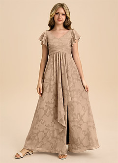 Azazie Omari Junior A라인 주름진 플로럴 번아웃 플로어 길이 주니어 신부 들러리 드레스 image3