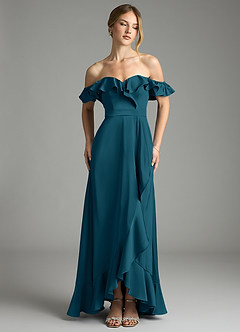 Azazie Lyra Bridesmaid Dresses Ink Blue A-Line Off the Shoulder Stretch Satin Convertible Dress image1