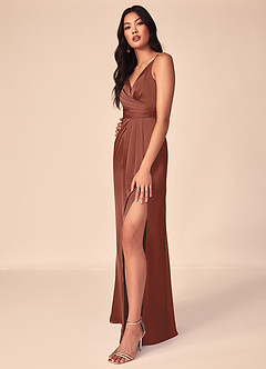 Azazie Aqua Bridesmaid Dresses Auburn A-Line V-Neck Pleated Stretch Satin Dress image4