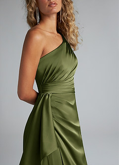 Azazie Maive Bridesmaid Dresses Olive Sheath Ruched Stretch Satin Dress image5