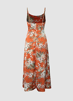 Remarkable Beauty Orange Floral Satin Midi Dress image7