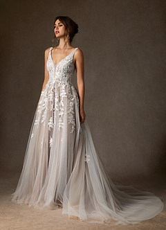 Azazie Sorella Wedding Dresses Diamond White Sand A-Line V-Neck Sequins Tulle Dress image5