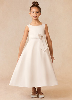 Azazie Lindy vestidos de niña de las flores Vestido de Alabastro Blanco de Satin Mate de Corte En A con Plisado image2
