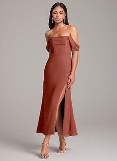 Azazie Saige Robes de demoiselle d'honneur Robe Fourreau Convertible en Mousseline de soie Épaule décolletée Auburn image3