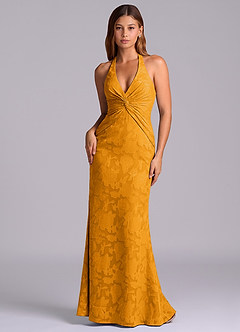 Azazie Valerie Abiti da Damigella Abito Sirena in Burnout Floreale Plissettato Caramello image1