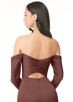 Azazie Hallie Bridesmaid Dresses Espresso Sheath Off-The-Shoulder Long Sleeve Stretch Satin Convertible Dress image6