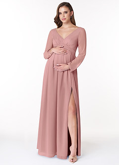 Azazie Teton Maternity Bridesmaid Dresses A-Line Long Sleeve Chiffon Floor-Length Dress image1