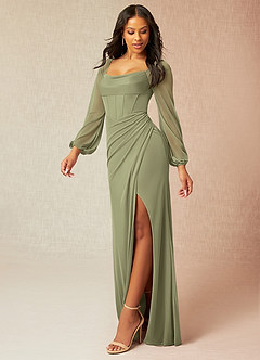 Azazie Charissa Final Sale Champagne Sheath Corset Pleated Mesh Dress image4