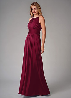 Azazie Bonnie Bridesmaid Dresses Burgundy A-Line Pleated Stretch Satin Dress image3