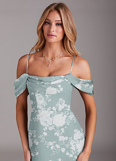 Azazie Saige Bridesmaid Dresses Powder Blue Floral Sheath Off the Shoulder Stretch Satin Dress image2