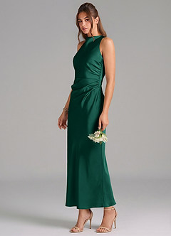 Azazie Evadne Vestidos de damas de honor Vestido de Esmeralda de Satén Elástico de Corte Recto con Plisado image1
