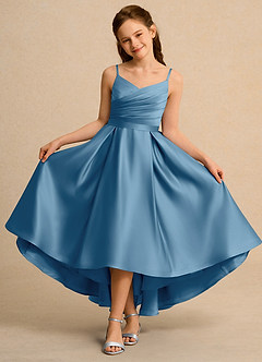 Azazie Sweets Junior Formal Jurken voor bloemenmeisjes A-Lijn Jurk van Mat Satijn Geplooid Staal Blauw image4