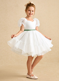 Azazie Debbie Flower Girl Dresses Ivory Matcha Ball-Gown Sweetheart Neckline Organza Dress image5