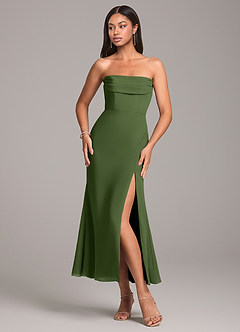 Azazie Saige Jurken voor bruidsmeisjes Converteerbaar Jurk van Chiffon met Kolom Off the Shoulder Olijf image6
