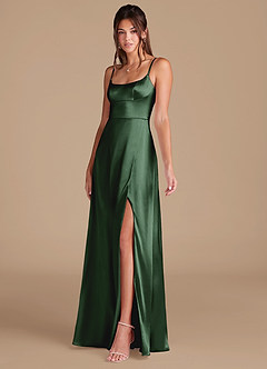 Azazie Halsey Bridesmaid Dresses Eucalyptus A-Line Side Slit Metallic Satin Dress image4