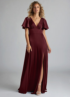 Azazie Kimber Bridesmaid Dresses Cabernet A-Line Ruched Stretch Satin Dress image3