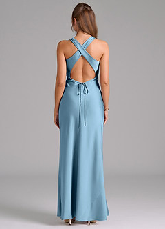 Azazie Evadne Bridesmaid Dresses Steel Blue A-Line Pleated Stretch Satin Dress image2