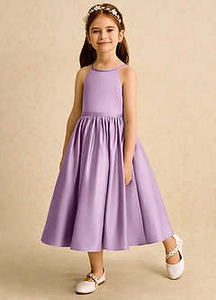 Azazie Indi vestidos de niña de las flores Vestido de Glicinia de Satin Mate de Corte En A con Lazo image3