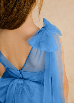Azazie Dori Robe Demoiselle D'honneur Fillette Robe Trapèze en Tulle Rayé Geai Bleu image8