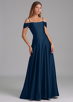 Azazie Seriana Bridesmaid Dresses Dark Navy A-Line Off the Shoulder Stretch Satin Convertible Dress image6
