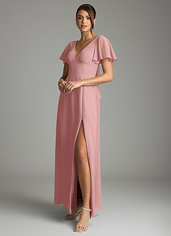 Azazie Kimber Vestidos de damas de honor Vestido de Rosa Polvorienta de Gasa de Corte en A con Manga volante image5