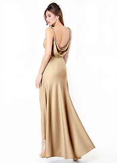 Azazie Alaija Bridesmaid Dresses Champagne Mermaid Side Slit Stretch Satin Dress image1