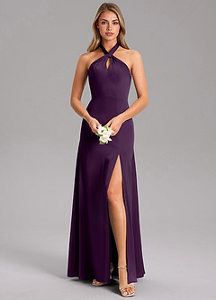 Azazie Tracie Bridesmaid Dresses Grape A-Line Side Slit Stretch Satin Dress image1
