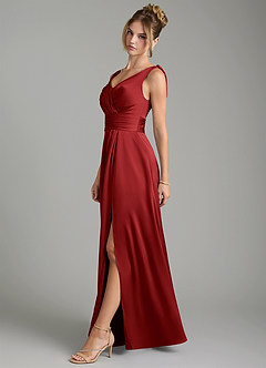Azazie Karina Bridesmaid Dresses Pomegranate A-Line Pleated Stretch Satin Dress image3