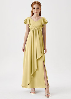Azazie Omari Junior Lemon Sorbet A-Line Pleated Stretch Satin Dress image4