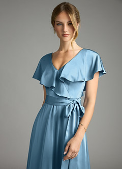 Azazie Lainey Bridesmaid Dresses Steel Blue A-Line with Pockets Stretch Satin Dress image6