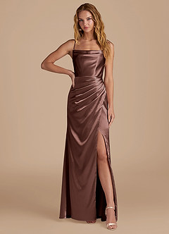 Azazie Marzia Bridesmaid Dresses Espresso Mermaid Pleated Metallic Satin Dress image1
