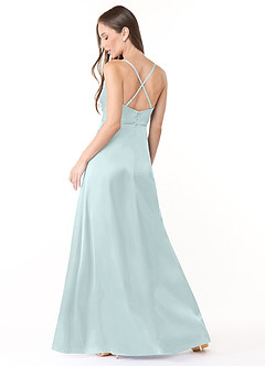 Azazie Naomie Bridesmaid Dresses Sea Glass A-Line Cowl Neckline Side Slit Stretch Satin Dress image2