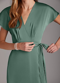 Azazie Nico Bridesmaid Dresses Eucalyptus A-Line V-Neck Stretch Satin Dress image7